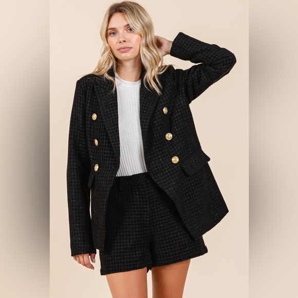 NWT Mittoshop Black Plaid Chunky Textured Double Breasted Long Sleeve Blazer - Picture 6 of 6